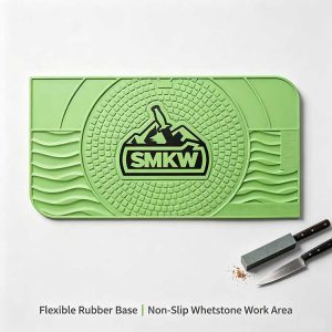 High-visibility green rubber knife sharpening mat for precision blade honing.
