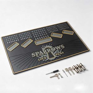 Rubber lock picking work mat with upright pick stand matrix for locksmiths.