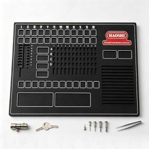 Rubber lock rekey tray with labeled A-D and 1-12 pin sorting grid.