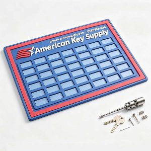 Blue rubber locksmith work mat with red border and multi-slot grid for cylinder rekeying.
