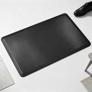 Seamless black standing desk mat with beveled edges, prepared for custom OEM corporate logo printing.