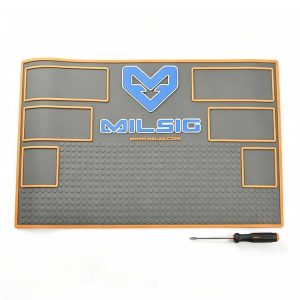 Heavy-duty rubber tactical work mat with thick construction for durability.