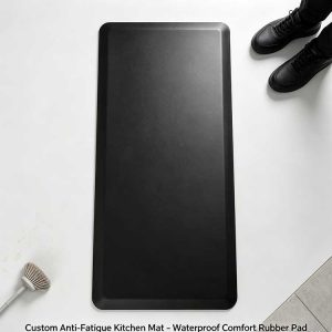 Custom 3x5 foot black waterproof anti-fatigue kitchen mat with smooth surface for OEM logo branding.