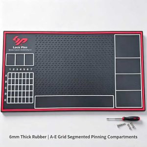Large commercial pinning tray with 35-slot A-E grid for 6-pin cylinders.