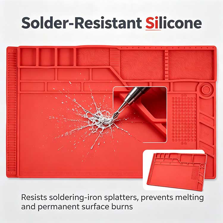 Solder-Resistant Silicone Mat Solder-resistant silicone ESD mat repelling hot iron splatters and heat