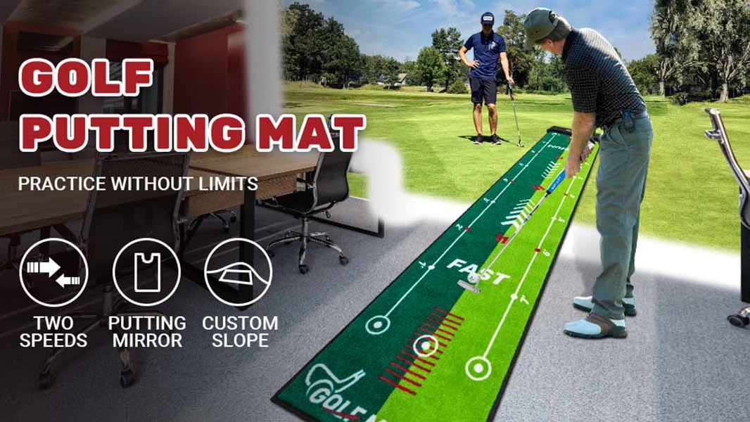 A man practicing putting on a custom indoor golf putting mat with a putting mirror and custom slope, placed in an office.