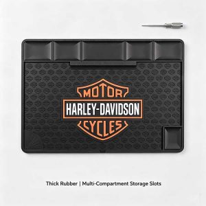 Full overhead shot custom Harley rubber utility mat thick heavy duty rubber multi compartment work tray for mechanics