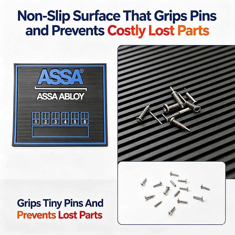 Easy Clean Oil Resistant Silicone Rekey Mat Technician wiping oil and metal dust off silicone custom Rekey Mat with a damp cloth