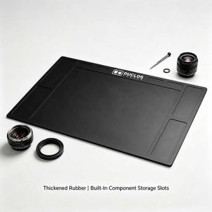 Segmented storage slots on workplace mat for organizing camera lens screws and springs.