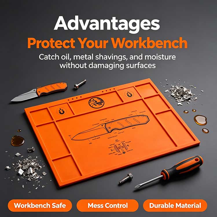 Knife Maintenance Mat Wide Multi-Scenario Application Icon Infographic Application scenario infographic listing all knife care workflows compatible with segmented storage knife maintenance mat