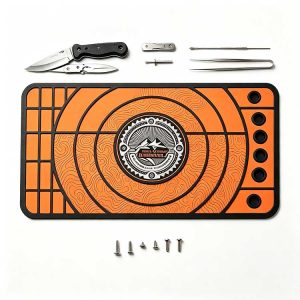 Custom Logo Knife Shop Mat with divided storage grid for knife assembly hardware organization