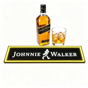Custom Logo Light Up Bar Mat, Full Illuminated Brand Logo & Yellow Border Waterproof Glowing Bar Drip Mat, Silicone Bar Mat Decorated With Whiskey Bottle And Ice Glass For Commercial Pub Bar Counter
