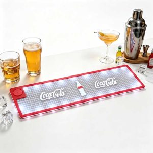 Custom Logo Pub LED Runner waterproof cordless glowing bar mat on dark marble nightclub counter