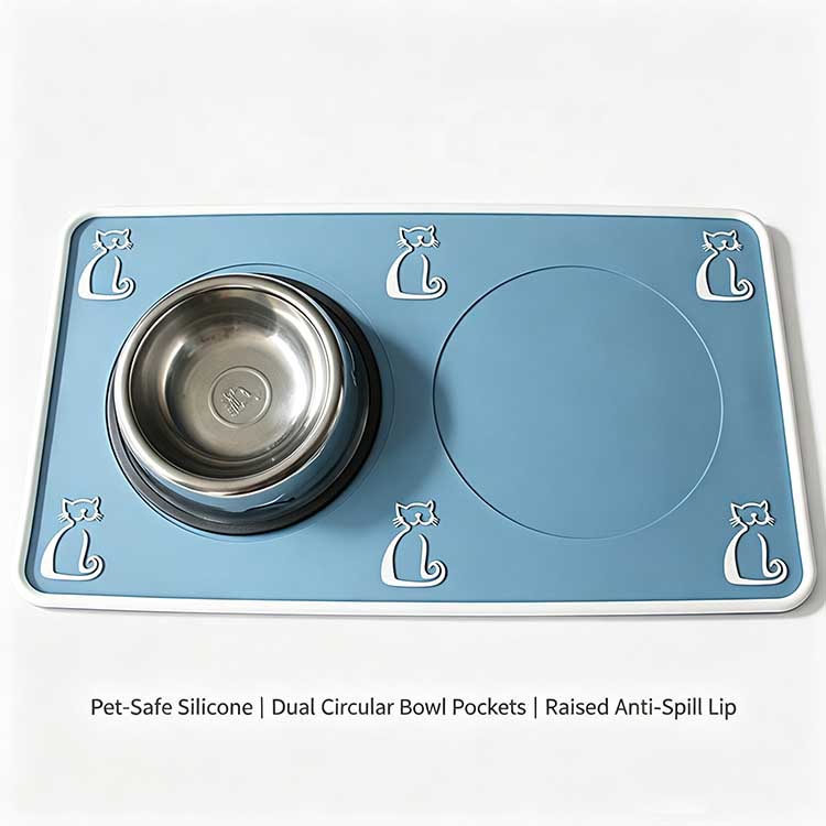 Cat Mat with Dual Bowls Blue silicone cat food mat with dual bowl pockets and a raised spill-proof white rim.