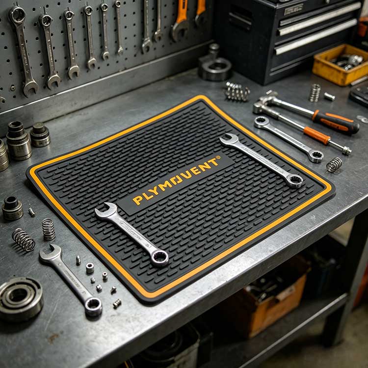 Industrial Workbench Mat in Real Workshop Silicone workbench mat used in a busy garage environment with springs bearings and wrenches
