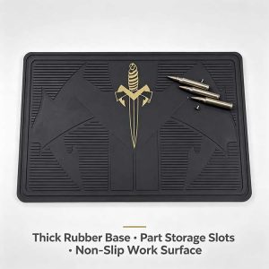 Gallery grade rubber knife display mat with gold sword motif for custom knives.
