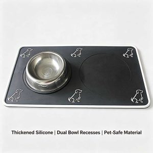 Pet feeding mat with dual bowl recesses holding stainless steel and white pet bowls.