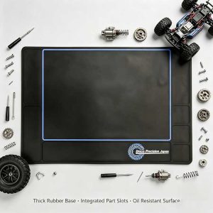 RC workbench mat with integrated part slots for screws and gears.
