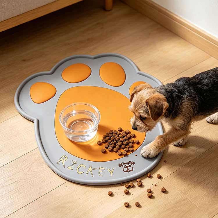 Custom Paw Print Dog Feeding Mat Grey and orange silicone paw print dog mat with custom name RICKEY holding food and water bowls