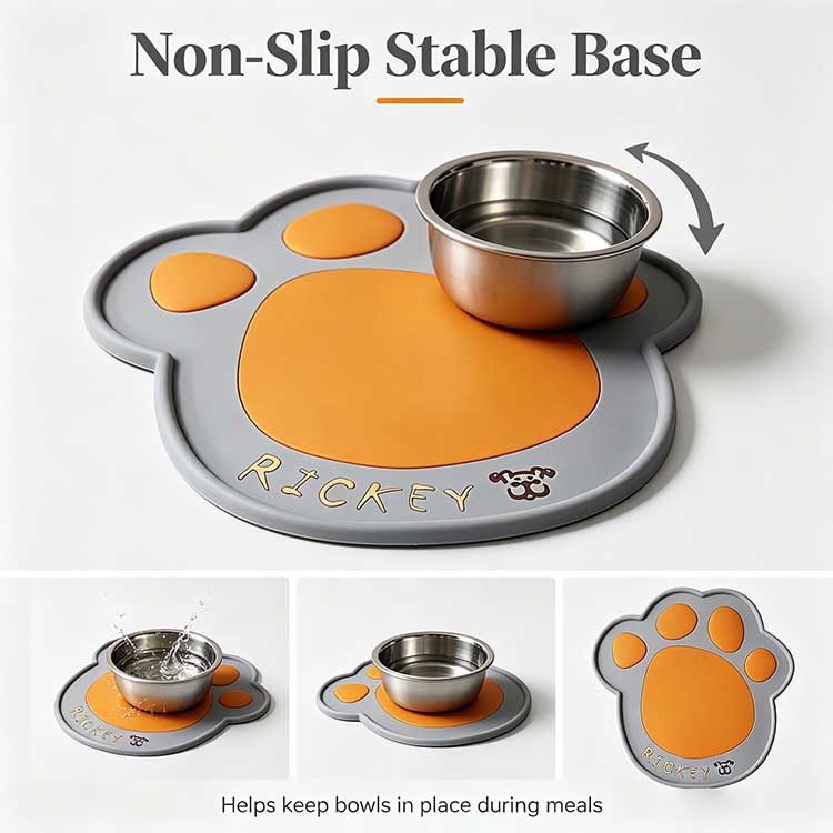 Non-Slip Stable Base Non-slip silicone base on a dog mat keeping bowls in place.