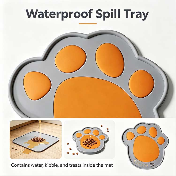 Waterproof Spill Tray Waterproof silicone dog mat with a raised rim containing spills.