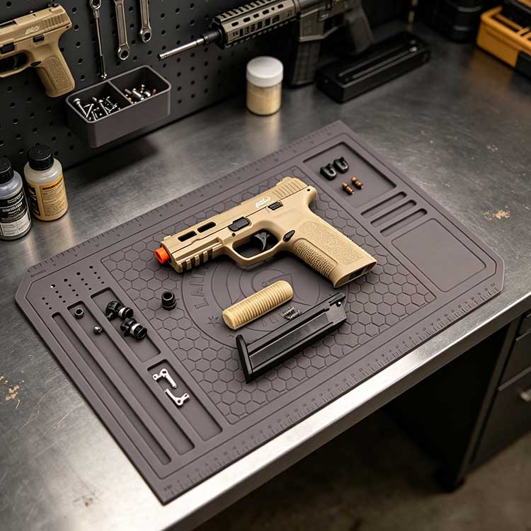Silicone Repair Mat in Real Workshop Setup Industrial silicone repair mat on a metal workshop bench with gun oil and tactical tools.