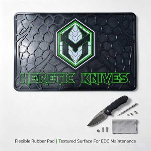 Heavy-duty rubber tactical knife mat for rugged outdoor EDC gear maintenance.
