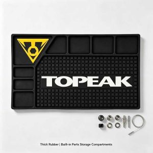 Thick rubber bike workbench rubber mat with built-in parts storage compartments displayed in a clean studio setting