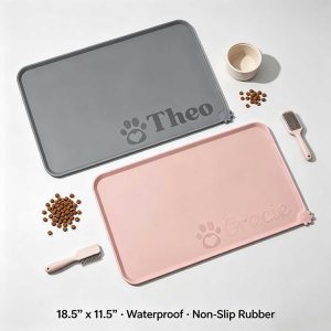 Spacious waterproof pet mat with room for pet bowls.