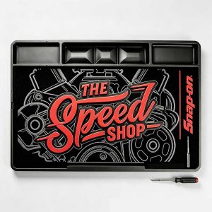 Work mat with an embossed engine graphic and Speed Shop logo