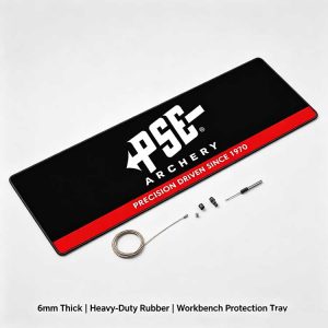 Studio shot of a heavy-duty 6mm rubber archery bench mat with red border next to stainless set screws and bow cables.