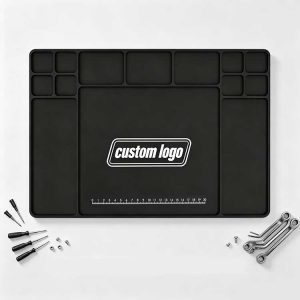 Heavy-duty black rubber bench mat with 0-20cm ruler and precision tool slots, customizable with your own logo.