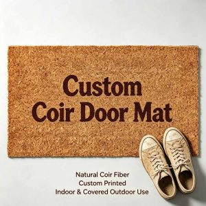Custom coir door mat with natural fiber and printed text for indoor and covered outdoor use