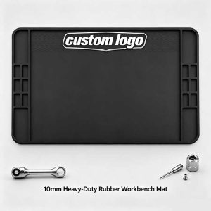 Workbench mat featuring hex-pattern grip surface and deep side storage bins for organizing workshop tools.
