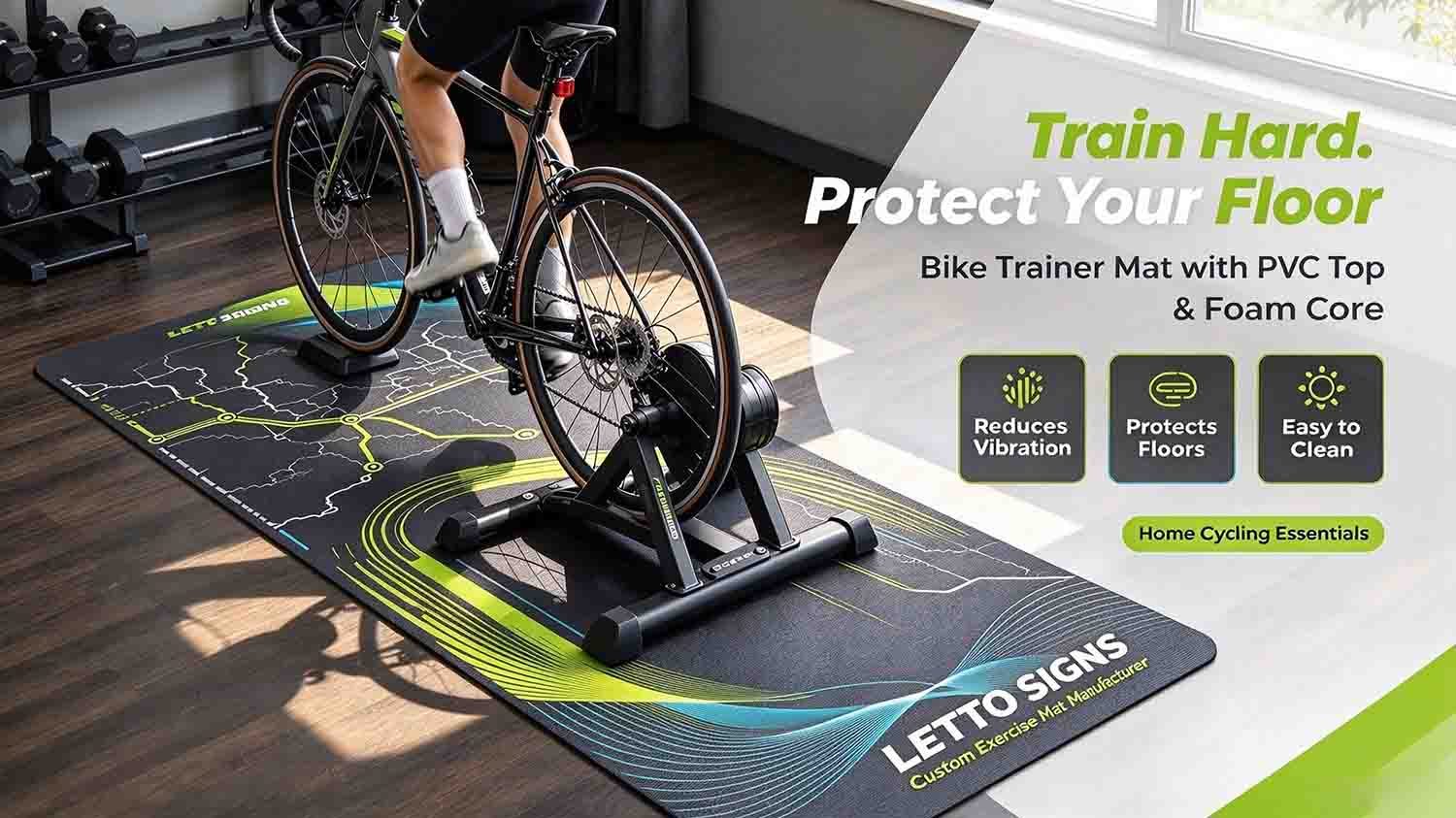 A cyclist using an indoor bike trainer on a custom patterned exercise mat in a home gym, protecting the wooden floor.