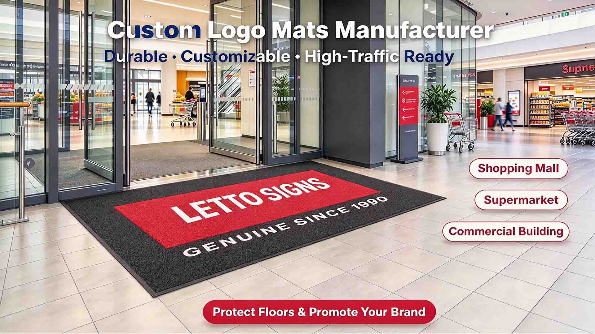 A large red and black custom logo mat placed at a commercial shopping mall entrance, featuring Letto Signs and high-traffic durability.