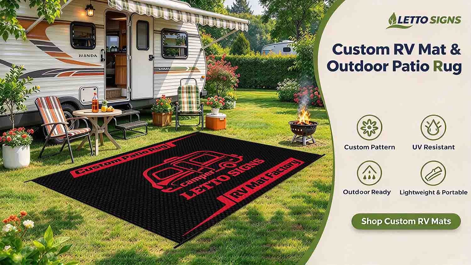 A custom black RV mat with red patterns on a grassy campsite next to an RV and chairs, featuring a UV-resistant outdoor design.